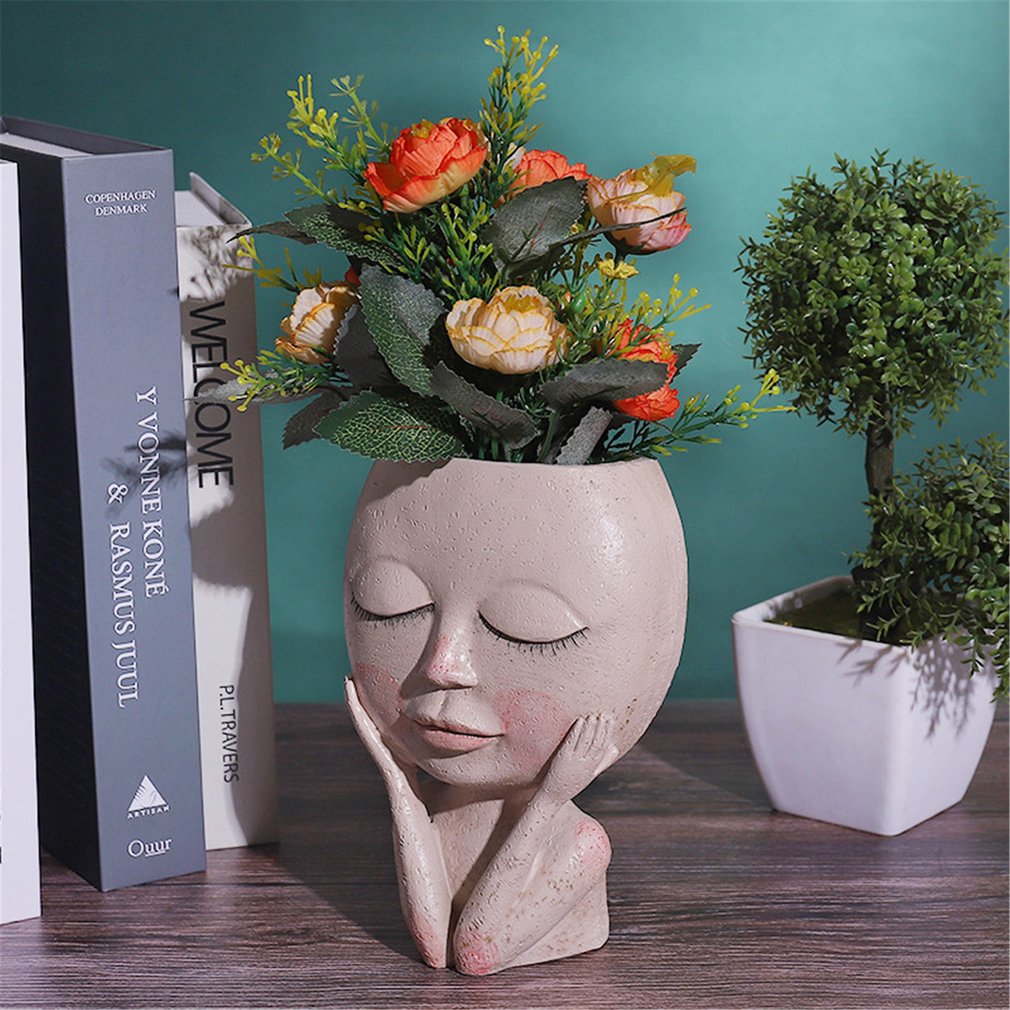 Girl&#39;s Face Head Figurine Flower Pot